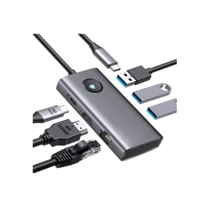 Docking Station USB-C 6 in 1 cu HDMI 4K, 3 USB 3.0, Ethernet, gri