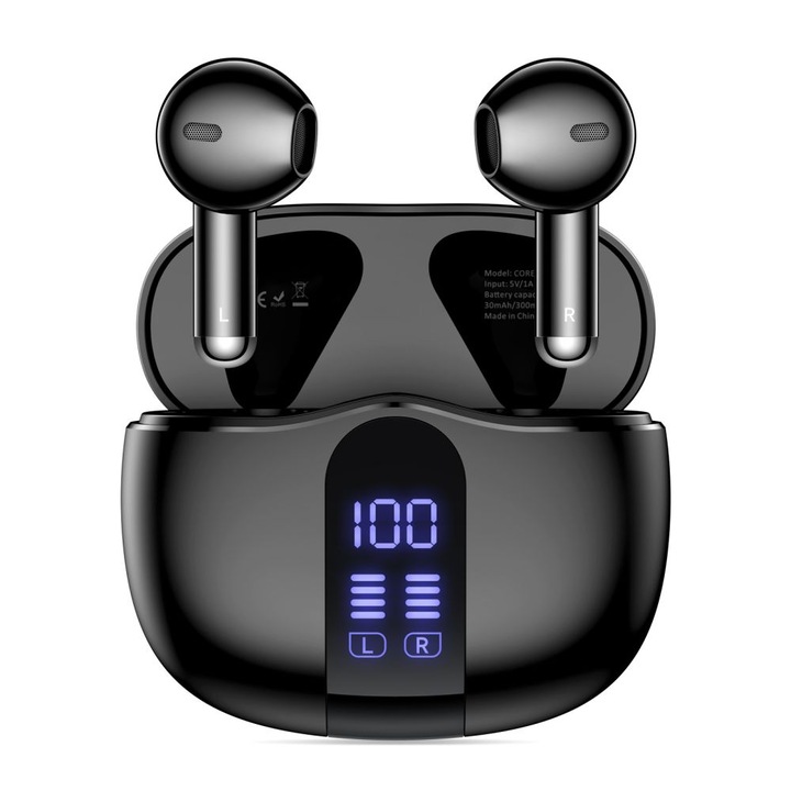 Headset Tech-Protect Ultraboost TWS Core G2 - fekete bluetooth headset, töltő tokkal ﻿