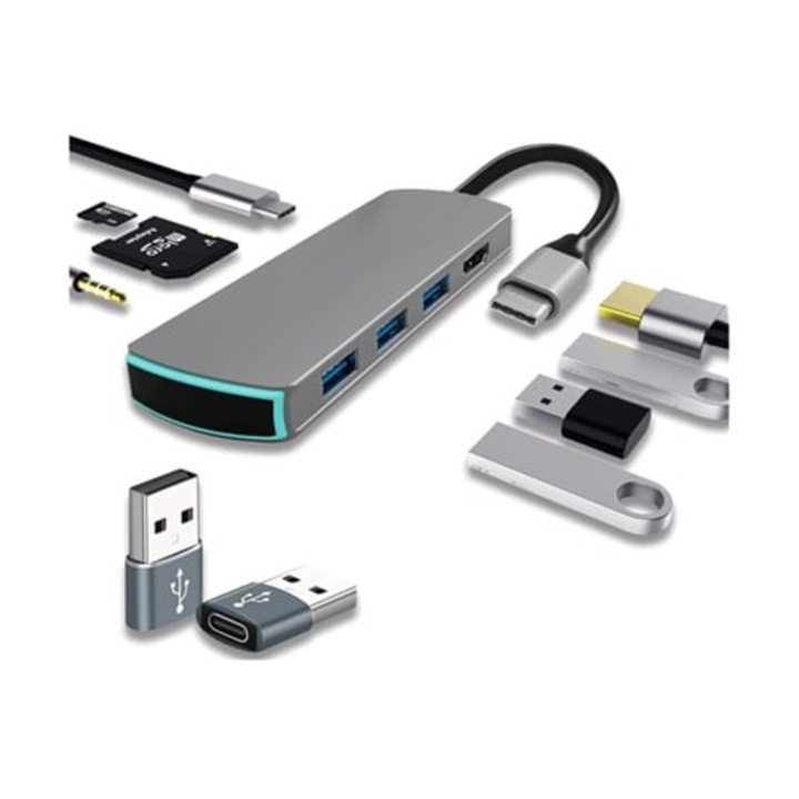 Hub USB C, adaptor dongle, HDMI, multipoart, gri