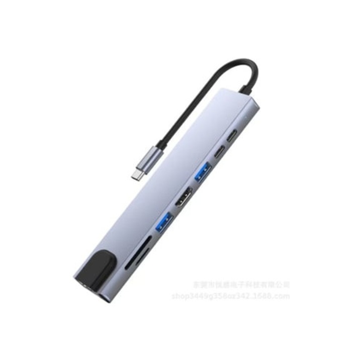 Hub USB C 8 az 1-ben, HDMI adapter, Ethernet, 3 x USB 3.0, SD/Micro SD kártyaolvasó, szürke