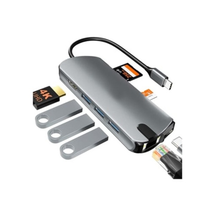 USB C elosztó 8 az 1-ben, multiport adapter, 1 Gbps Ethernet, 4K HDMI, 100 W PD, 3 USB 3.0 port, szürke