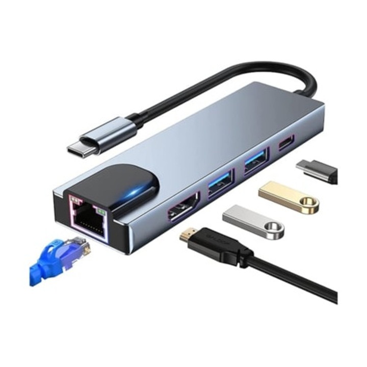 Hub USB-C Multiport 5 in 1, 4K HDMI, RJ45 Ethernet, USB 3.0, 100W PD, argintiu