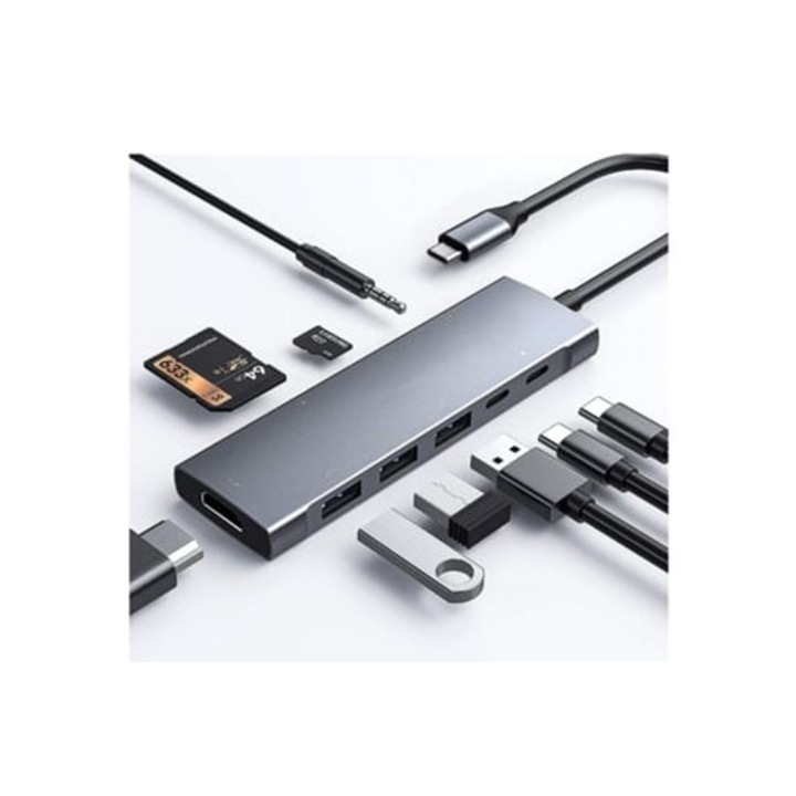 USB C Hub 9 az 1-ben, 4K 30Hz, szürke
