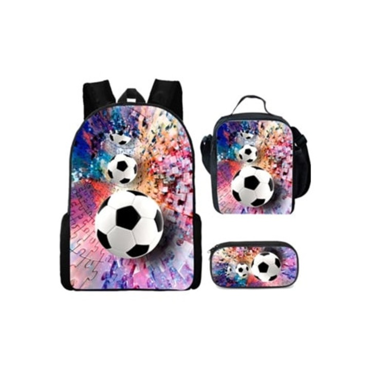 Set ghiozdan fotbal, cu geanta de pranz, penar, multicolor