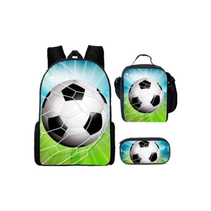 Set ghiozdan fotbal, cu geanta de pranz, penar, multicolor