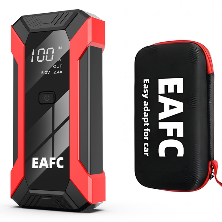 Стартер за кола 2000A, преносим, червен, 12V, LED фенер, размери 18x8.7x3.5cm