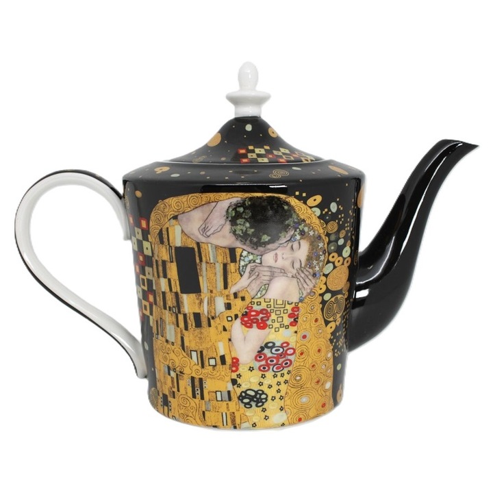 Ceainic portelan bone china 1, 1 l, negru cu motiv Klimt, capac inclus, cutie cadou