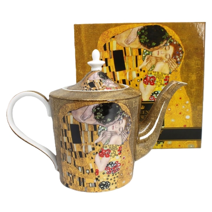 Ceainic portelan bone china 1, 1 l, auriu cu motiv Klimt „Sarutul”, capac inclus, cutie cadou