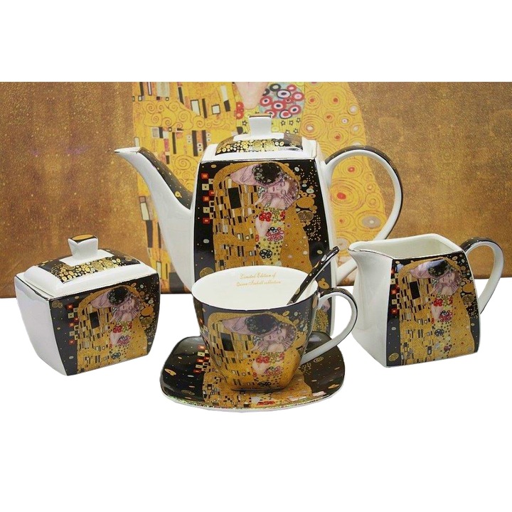 Set portelan bone china Klimt, 6 cesti cu farfurioare si lingurite + ceainic 1, 2 l, zaharnita 250 ml, lapteier 300 ml, cutie cadou