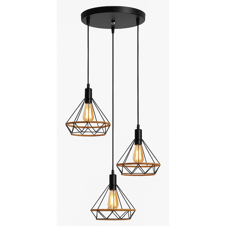 Set lampi suspendate tip pendul, design industrial vintage, cu abajur geometric metalic si sfoara decorativa, ideal pentru restaurant, cafenea, bar sau bucatarie – soclu E27