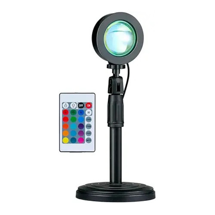 Lampa de Veghe cu Proiector Led, Gruding, Sunset Light, Reglabila pe Inaltime, Lumina Ambientala pentru Atmosfera Placuta, LED 16 Culori, Conexiune USB, Negru