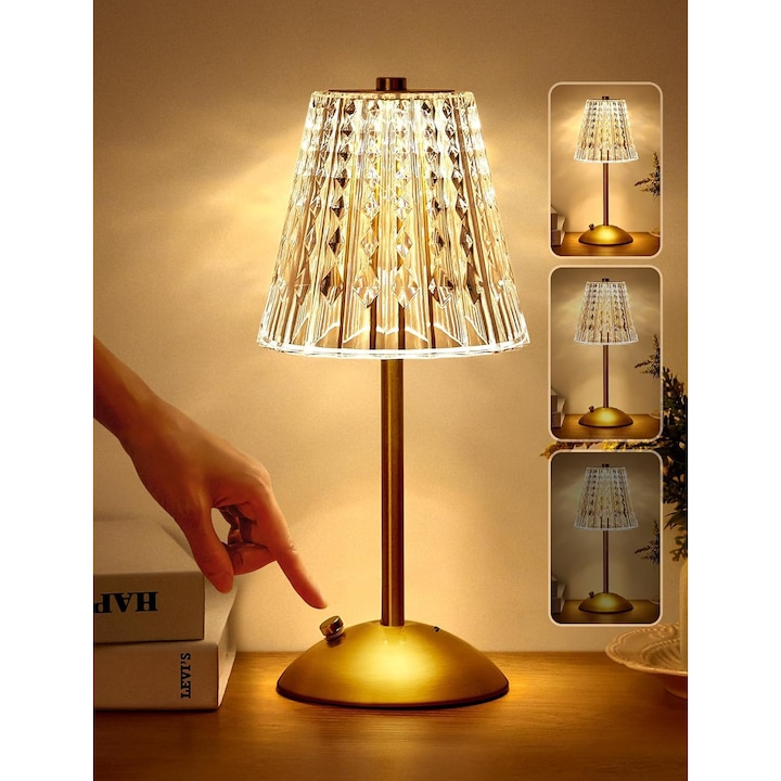 Lampa de Masa LED Reincarcabila fara Fir, Aurie, 15.5 x 15.5 x 32 cm, acumulator 3200 mAh – 3 Culori Reglabile, Tactila, Vintage cu Cristale, Dimmabila – Decor Elegant pentru Dormitor, Living sau Sufragerie