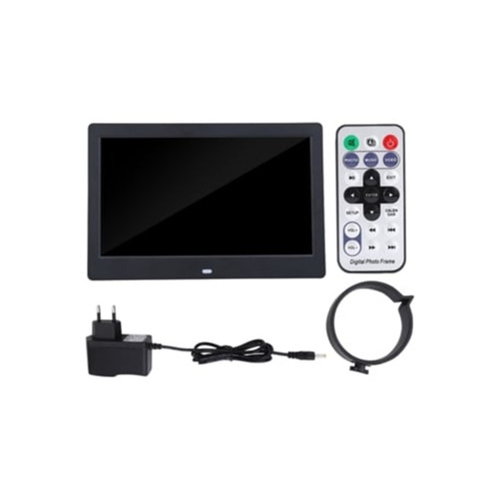 Rame foto digitale, 10", HD, negru, cu functie de ceas si player MP3/4