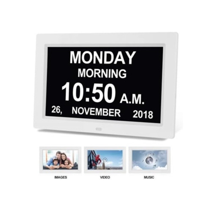 Ceas decorativ digital cu calendar, rama foto, 9 inch, negru