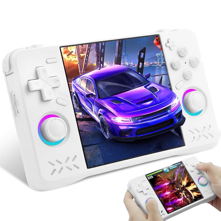 Consola de jocuri retro MOSMAOO®, Ecran HD IPS 4”,720x720, 4000 mAh, Card inclus 128 GB, RAM 4GB, Procesor Quad Core 1.5GHz, Joystick 3D, Cu WiFi, Incarcator Type-C, Consola jocuri pentru adulti si copii, Consola jocuri, Alb