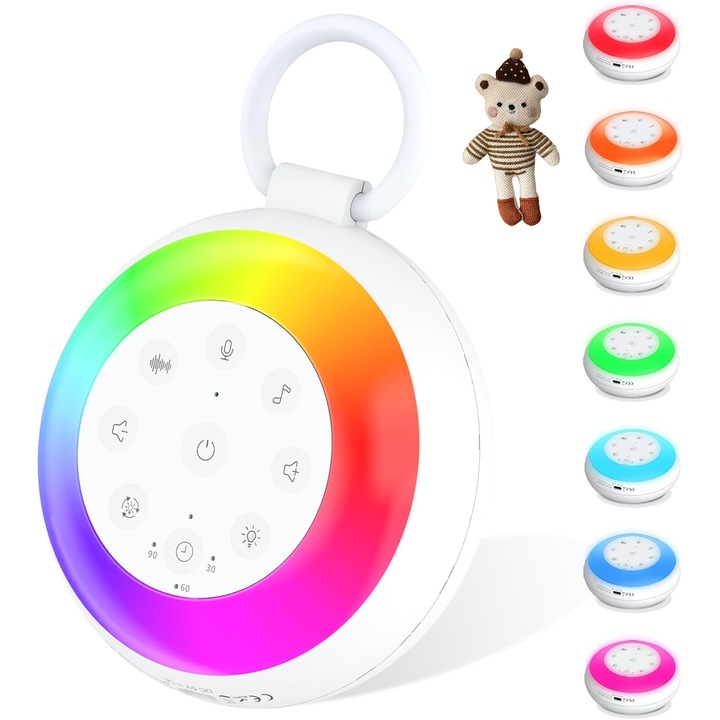 Dispozitiv Sunete Albe cu Ursulet lucrat manual, 24 sunete, lumina de veghe, Bluetooth, inregistrare, baterie 50h+, alb