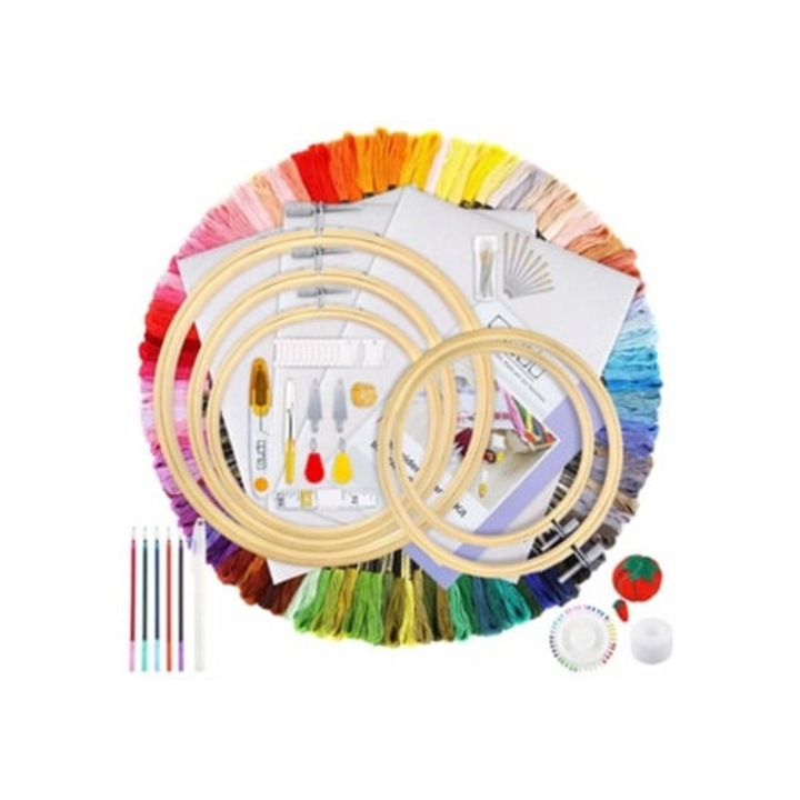Kit de brodat set 154 piese, 100 fire colorate, 5 rame bambus