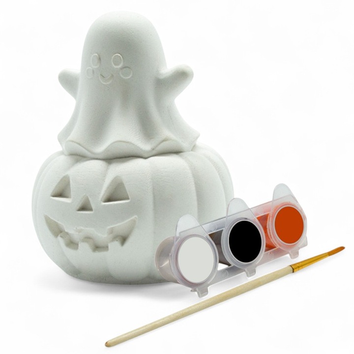 Halloween és Őszi Dekoráció - Kreatív készlet festhető gipszfigurával - Szellem a tökön - Halloween - magasság 7.5 cm - tartalmaz festékeket és ecsetet