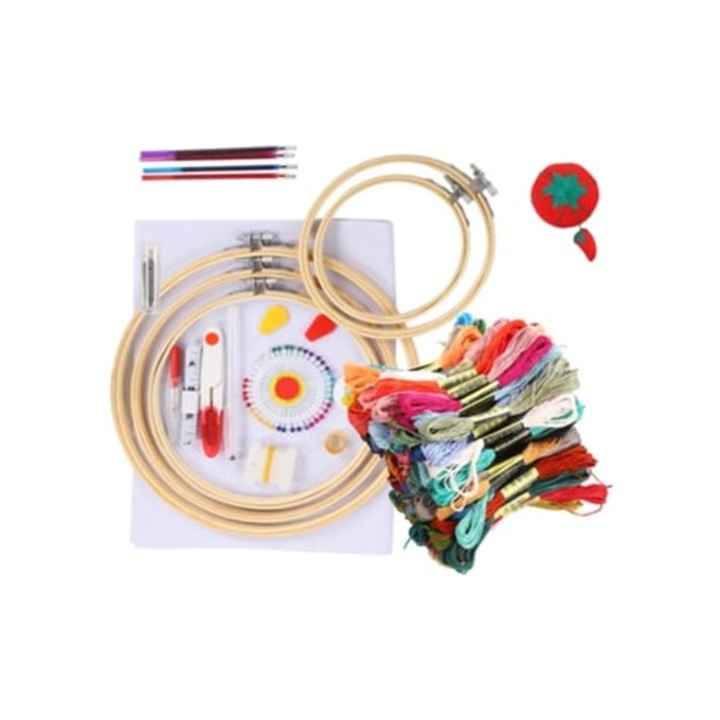 Set ace de brodat, 5 bastidoare, 100 fire colorate