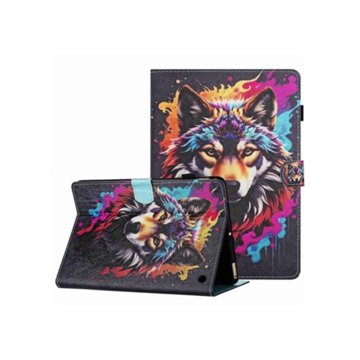 Husa tableta din piele cu model pictat si cusaturi, multicolor