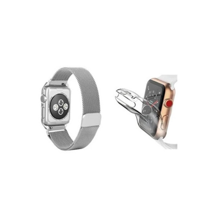 Set bratara Milanese Loop cu inchidere magnetica si carcasa rezistenta la socuri, compatibila cu Apple Watch Series 10, 42mm, gri/transparent