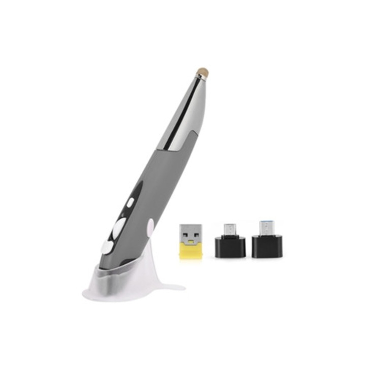 Оптична USB мишка тип писалка, 2.4G безжична, сребристо сива