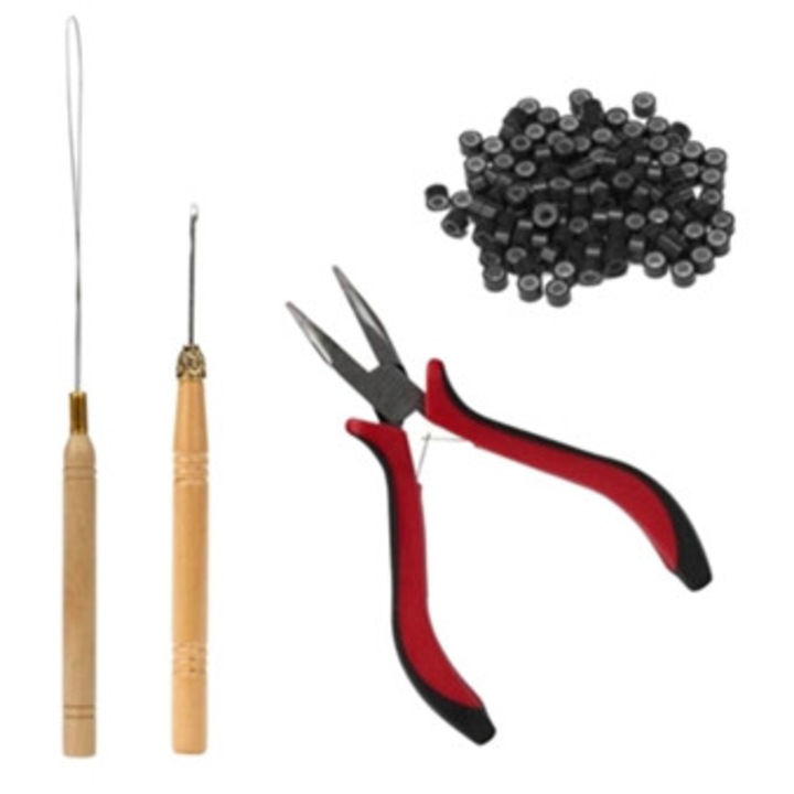 Set unelte extensii par, cleste, ac cu carlig, inele din silicon