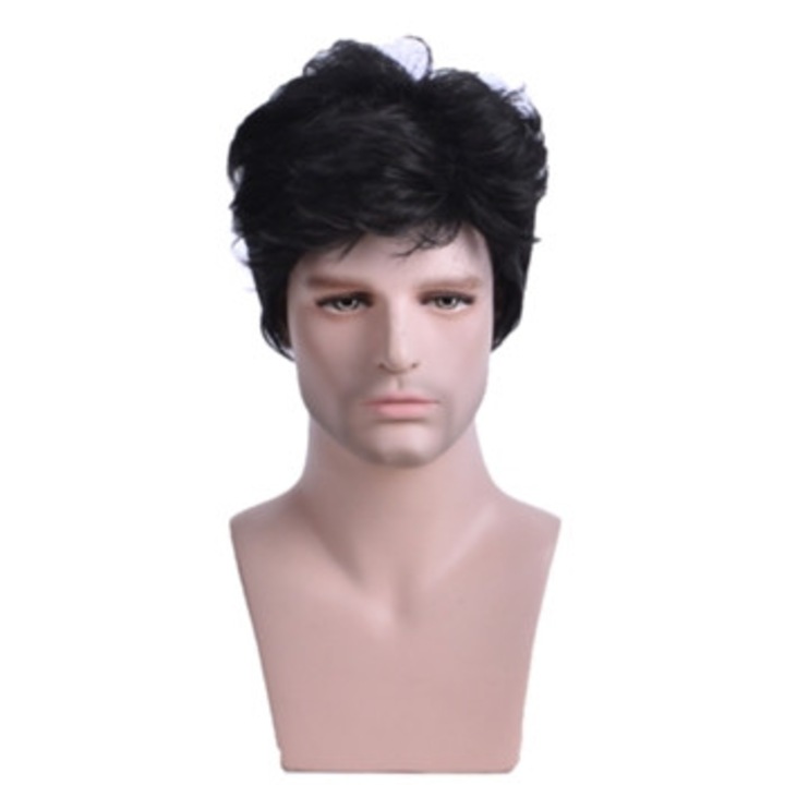 Peruca sintetica scurta pentru barbati, neagra, rezistenta la caldura