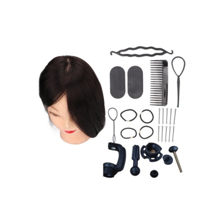 Cap manechin de practica pentru coafura, cu accesorii, negru