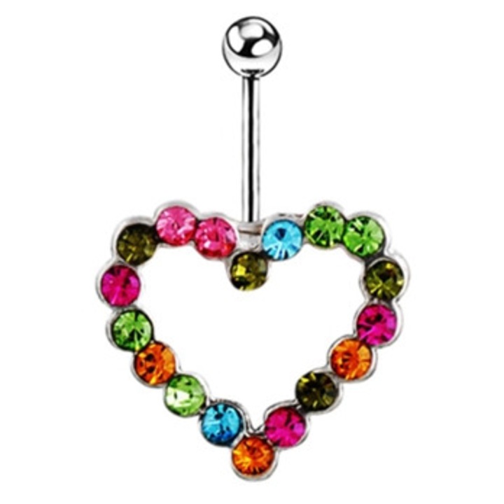 Piercing ombilical in forma de inima, strasuri colorate