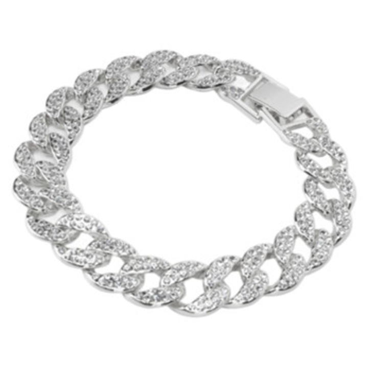 Bratara Cuban Link, cu strasuri, design Hip Hop, argintiu