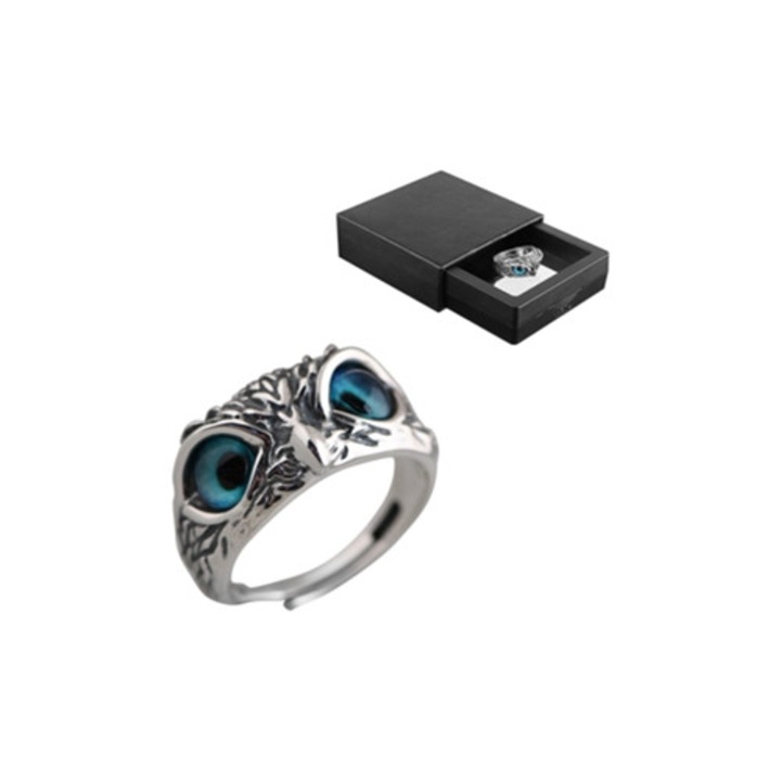 Inel cu bufnita retro, ajustabil, cu ochi demon