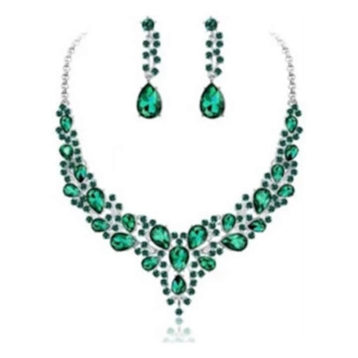 Set bijuterii dama, colier si cercei, verde stralucitor, potrivit pentru aniversare