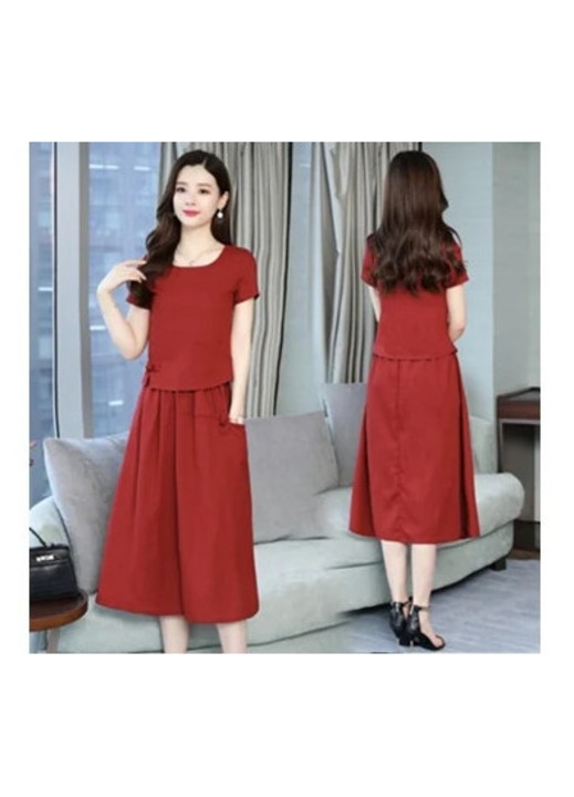 Set compleu, tunica retro, fusta lunga, rosu, M INTL