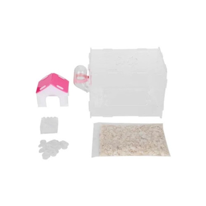 Casa pentru rozatoare transparenta cu hranitor, alb/roz