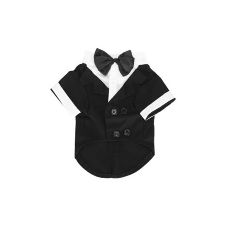 Costum elegant pentru caini mici, cu papion si guler, ideal pentru nunti si petreceri, negru
