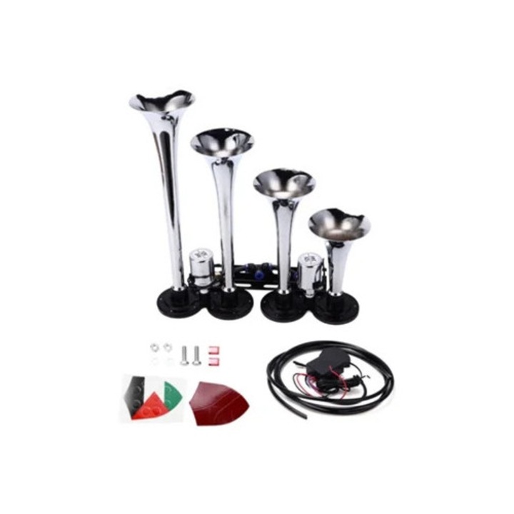 Kit claxon pneumatic 12/24V, 4 trompete, 130dB, pentru camion, masina, barca