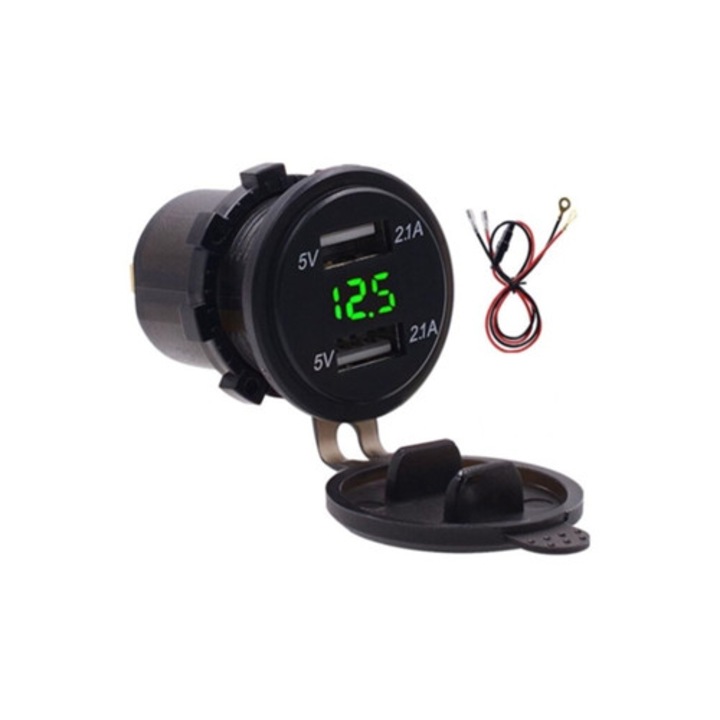Двойно USB зарядно за кола 4.2A, водоустойчиво, с LED дисплей, волтметър, 60 см кабел