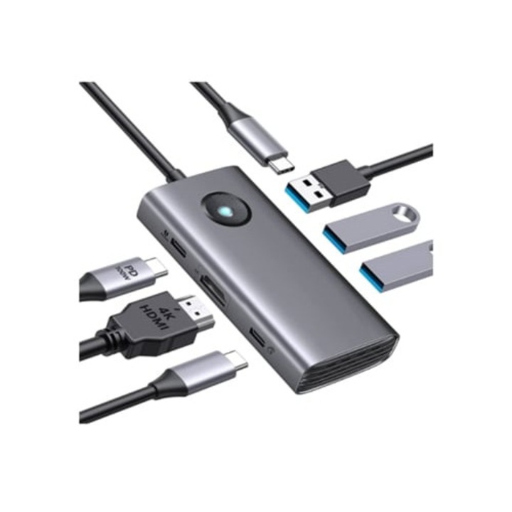 Docking Station 6 in 1, 3 Porturi USB 3.0, USB-C HDMI 4K, 100W, Gri