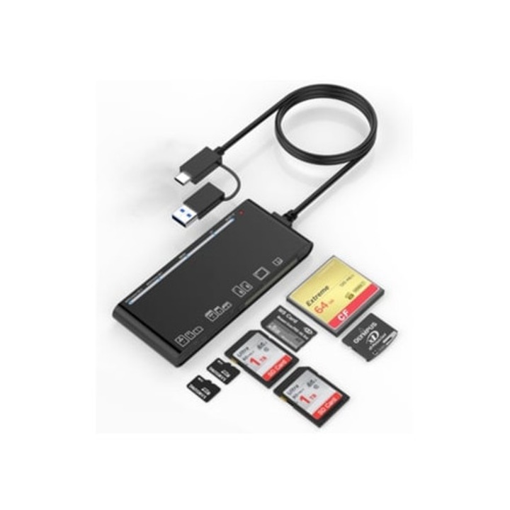 Hub USB C 7 in 1 cu cititor de carduri USB 3.0 pentru SD, CF, microSD, XD, MS