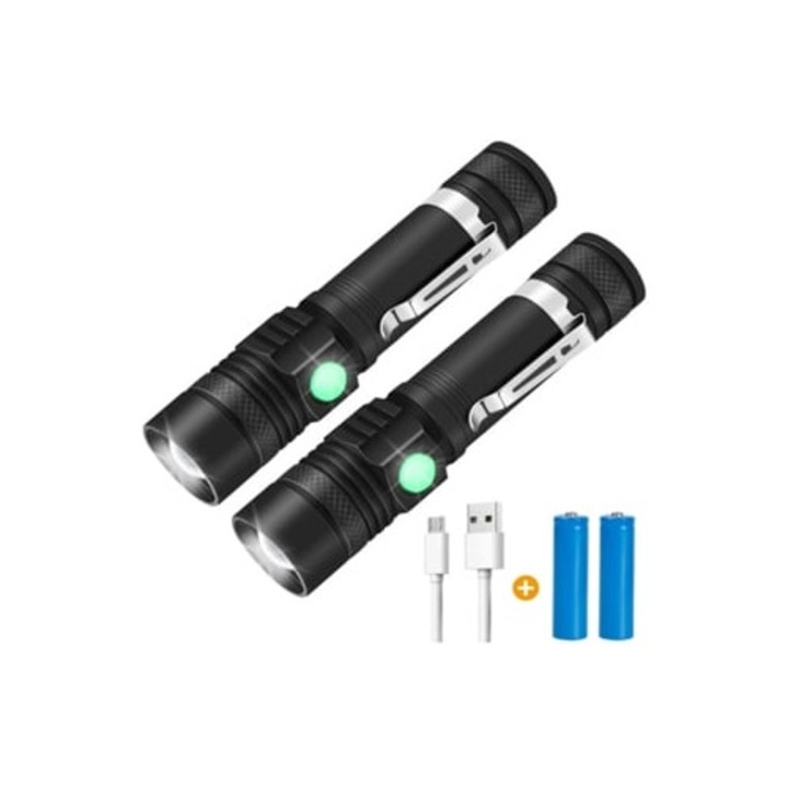 Set 2 Lanterne Reincarcabile 1000 Lumeni Focalizare Ajustabila Impermeabile Negre