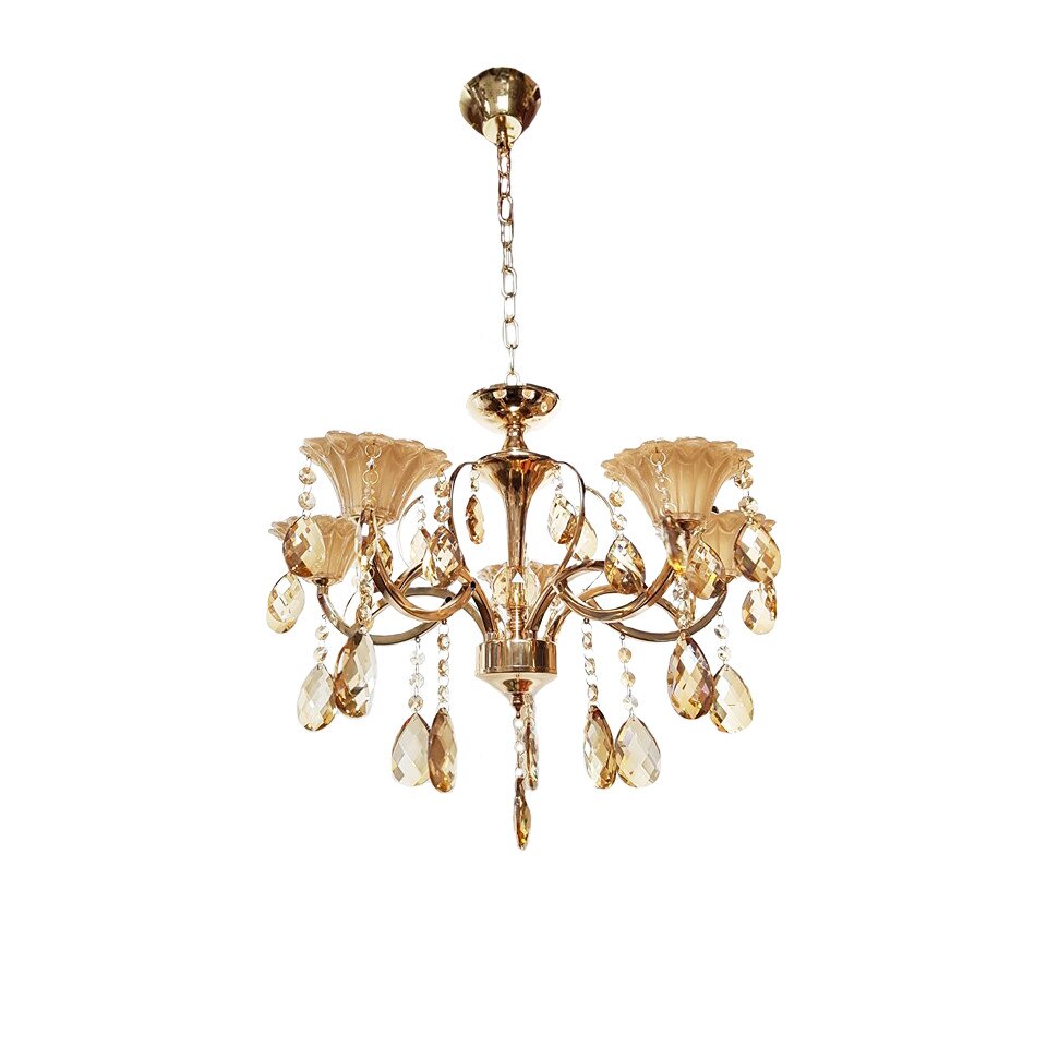 Lustra Julia 8019/5, schelet auriu, metal sticla si cristal, 5*e14, inaltime ajustabila