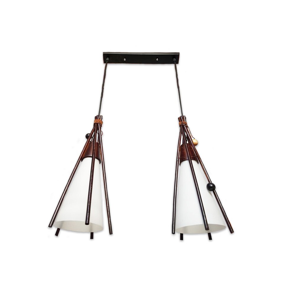 Lustra Full 0010/2, schelet lemn, abajur alb mat conic, 2*e27, inaltime reglabila, 50-100cm