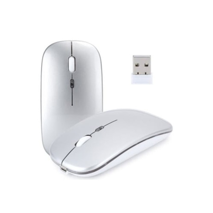 Геймърска мишка HURRISE 2.4G USB, презареждаема, цветен LED, сребриста