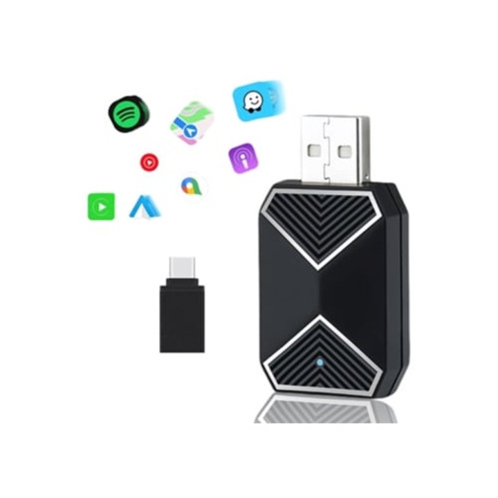 Adaptor Wireless CarPlay si Android Auto 2025, Plug and Play, conexiune rapida, pentru vehicule compatibile CarPlay/Android Auto