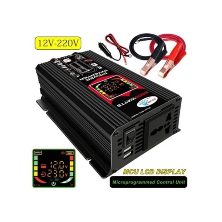 Inverter auto 6000W 12V-220V cu display LCD, negru