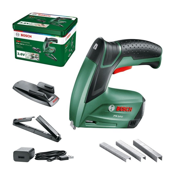 Комплект безжичен такер Bosch PTK 3.6 LI, вградена батерия, метален корпус