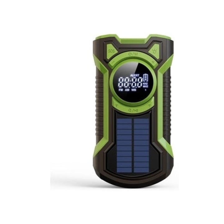 Аварийно соларно радио с манивела 5000 mAh, аларма, AM/FM/NOAA, зелено/черно