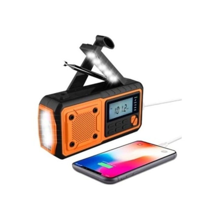 Radio cu manivela, 4000 mAh, ecran LCD, celule solare, lanterna, Panoona