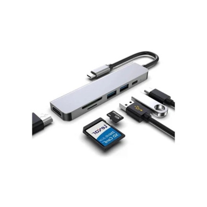 Hub USB-C, 2 porturi USB 3.0, iesire HDMI 4K, cititor de carduri TF/SD